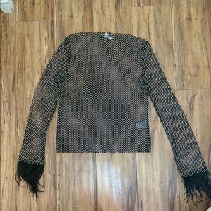 Black Mesh Long Sleeve Top with Fringe